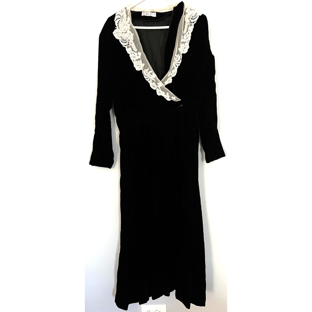 Vintage Talbots Maxi Dress Women 14 Black Velvet Lace Collar Long Sleeve USA